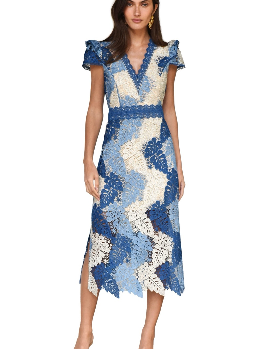 Adelyn Rae Adeline Palm Lace V-Neck Midi Dress Blue Cream Large